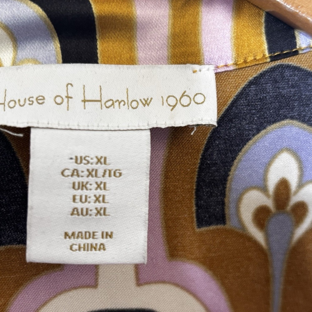 House of Harlow 1960 Blouse Top XL Art Deco Button Up Pink Gold Satin Retro READ - Picture 3 of 16